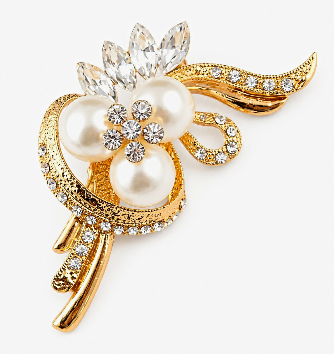 Gold Tone Rhinestone & White Pearl Flower Brooch Pin 6.3cm Cluster Nature