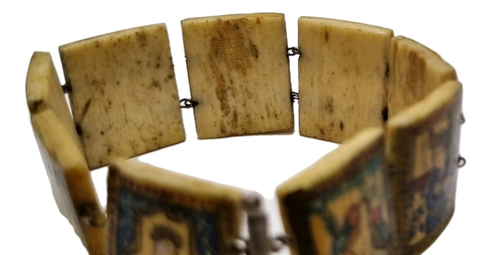 Antique Eastern European Folk Art Bone Panel Bracelet, Sterling Silver, c.1900