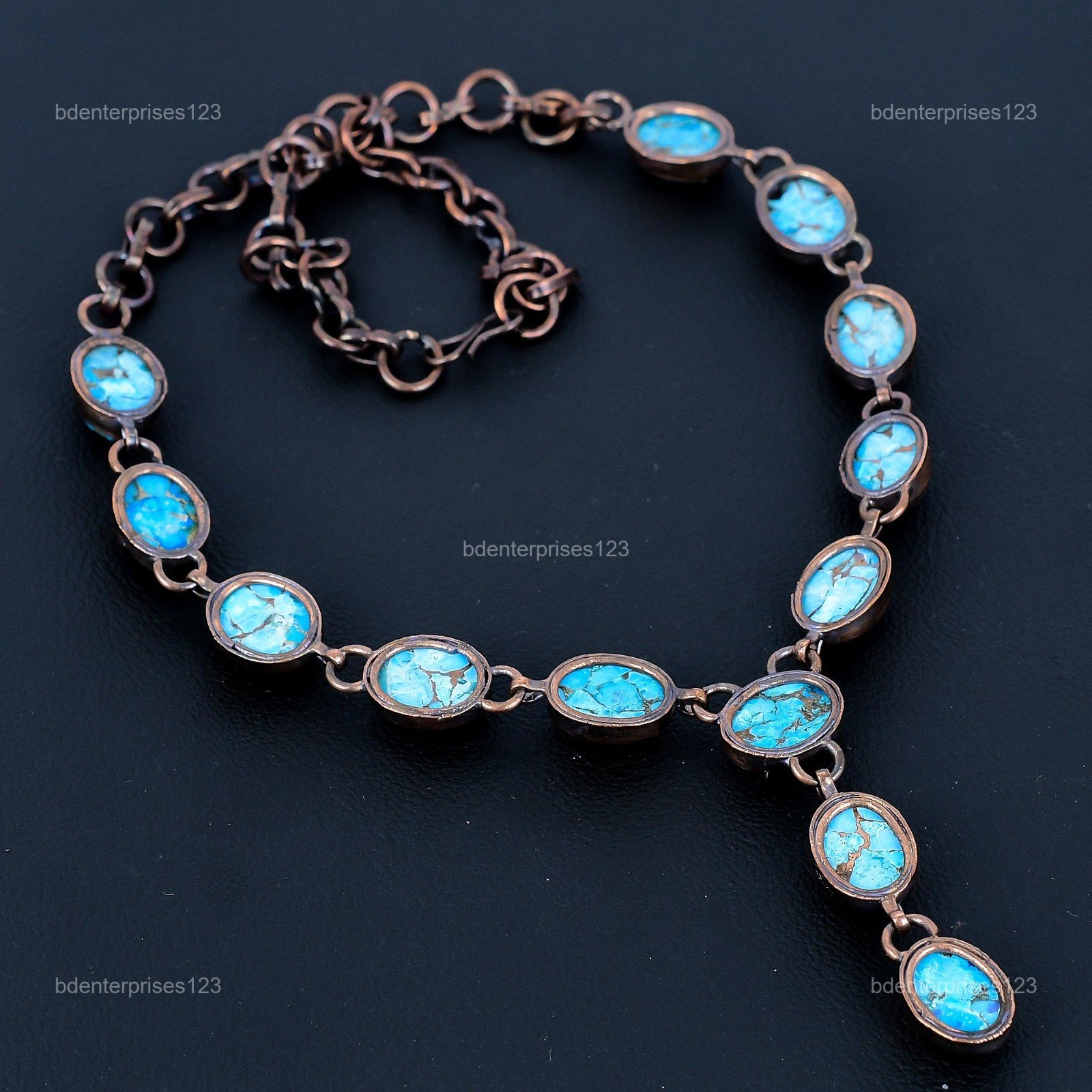 Oval Copper Blue Turquoise Gemstone Copper Chain Electroformed Necklace Jewelry