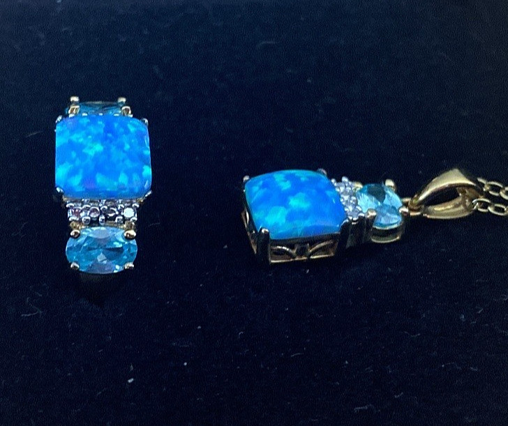New TECHNIBOND Blue Lab Opal Topaz White CZ Necklace Ring Set HSN Lot