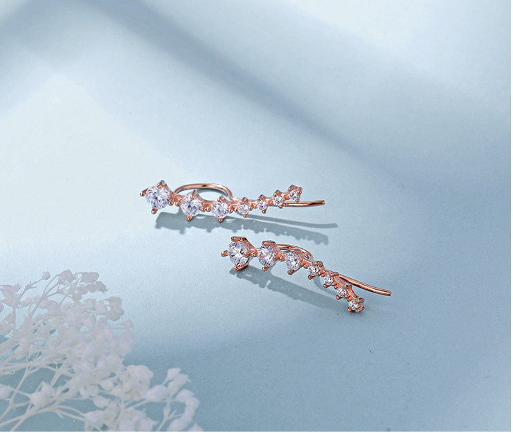 925 Sterling Silver Ear Crawler Cuff Climber Earrings Crystal CZ Charm Gift Rose