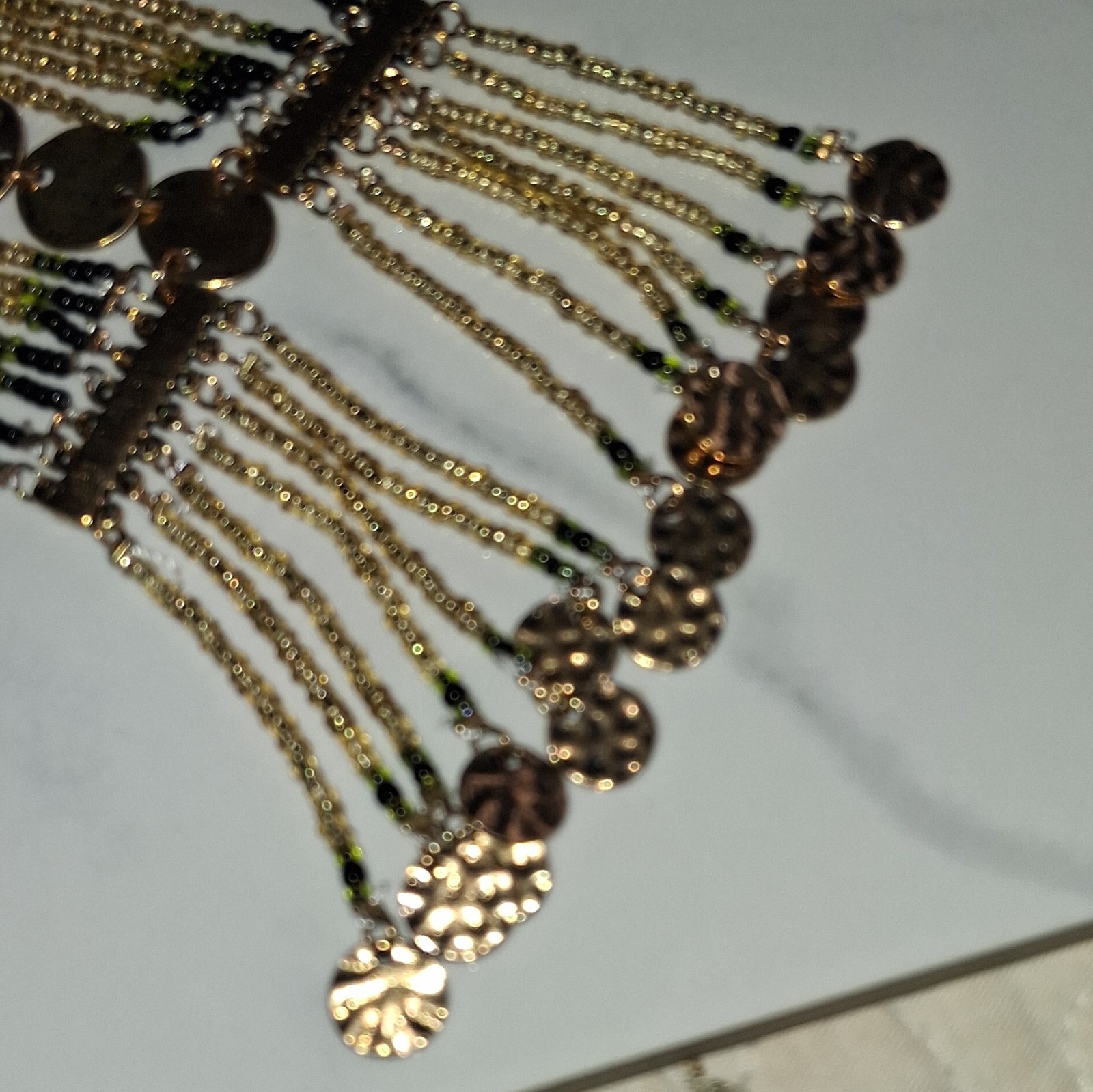 Gold Tone Multi-Strand Beaded Statement Necklace w/ Tassel Coin Dangle