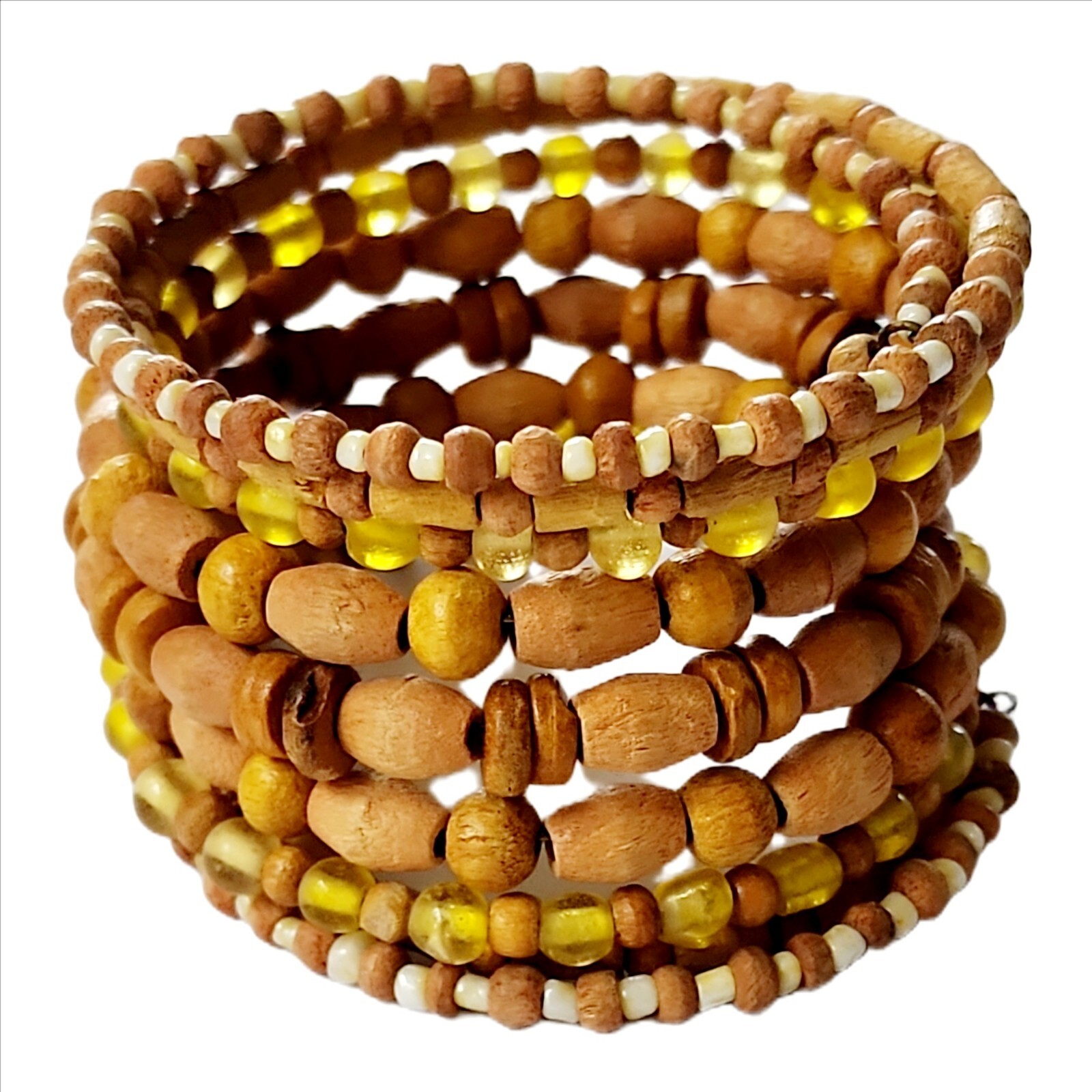 Yellow Glass and Wood Bead Memory Wire Tribal Style Wrap Bracelet Boho
