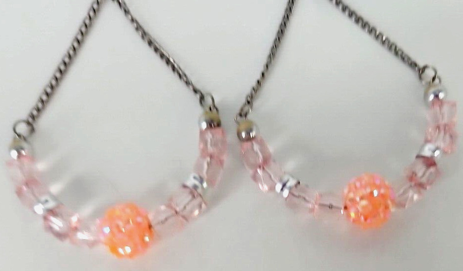 Chandelier Fashion Earrings Drop Dangle Beaded Pink Silver Tone 3.75 in.