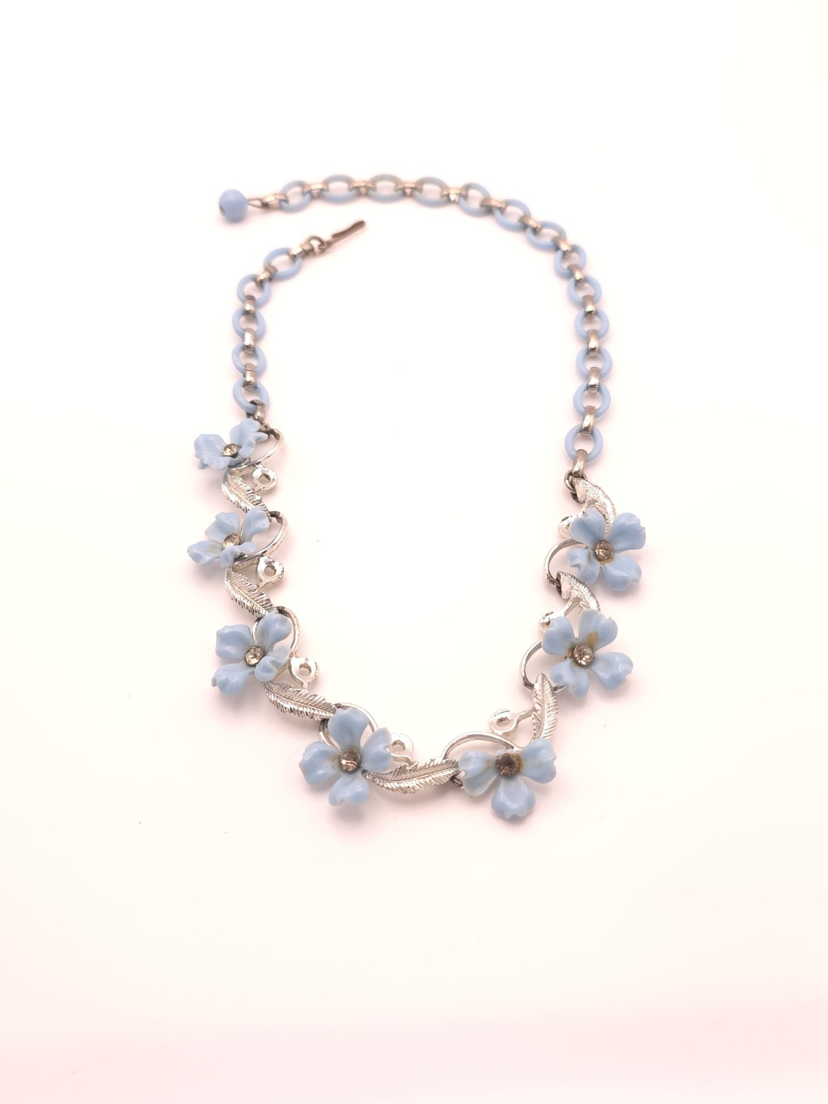 Silver Tone Blue Flower Pendant Necklace Rhinestone Crystal Cable Chain Hook