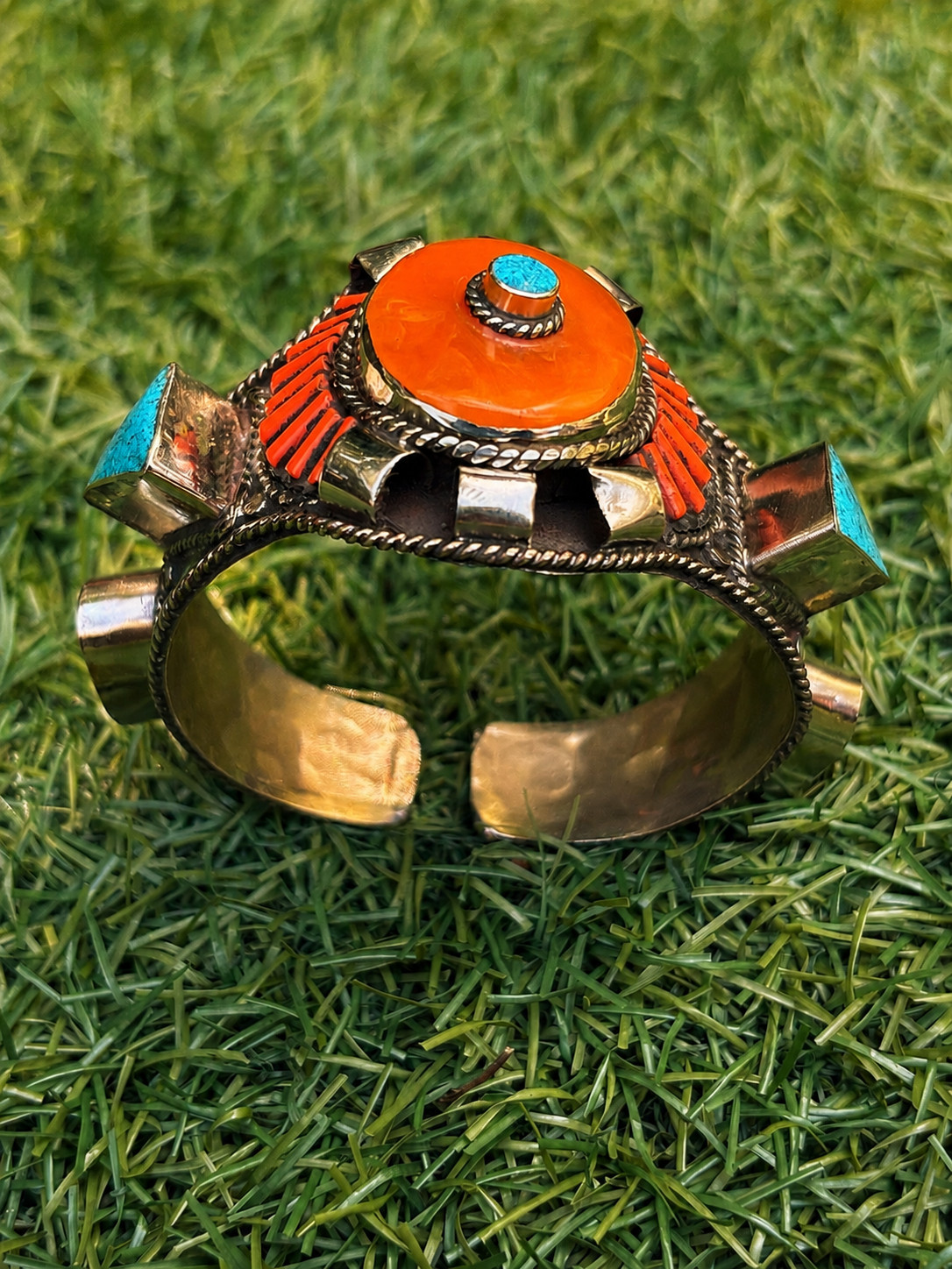 Desert Sun Cuff Turquoise Orange Red Inlay Boho Statement Bracelet Morocco