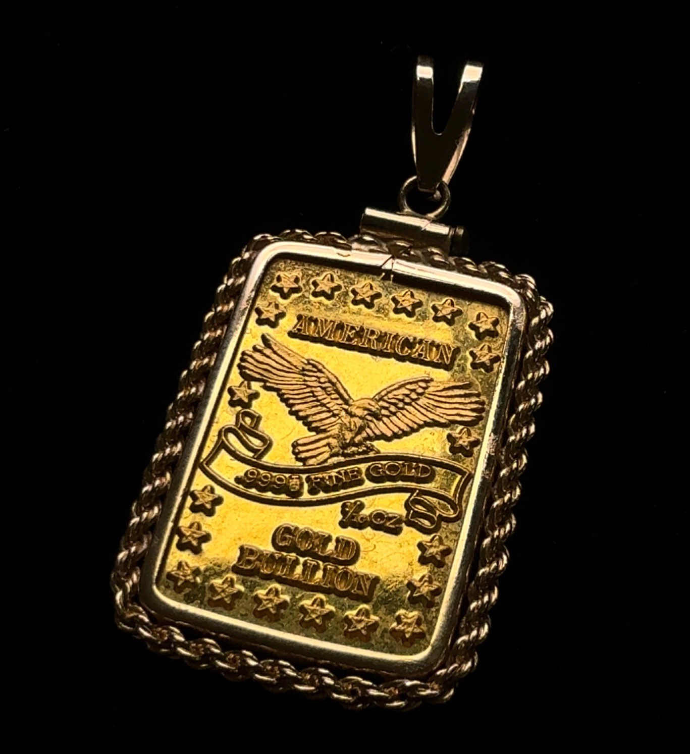 Vintage American Gold Bullion 1/10oz .999 Fine Gold Bar in 14k Rope Bezel 4.95g