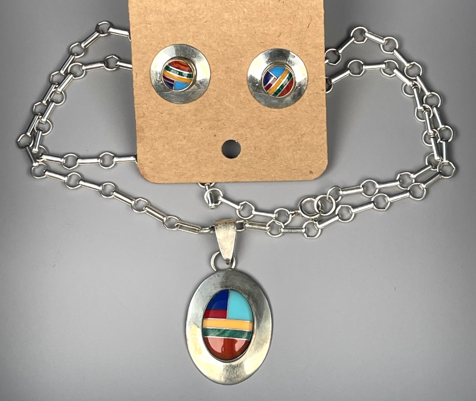 Ella Peter Sterling Multistone Inlay Pendant Earrings Set 24” Chain Navajo
