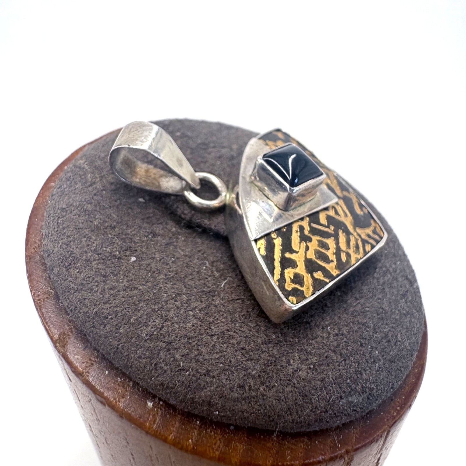 Black Onyx Black and Gold Painted Enamel Inlay Pendant 925 Sterling Silver 1.25″