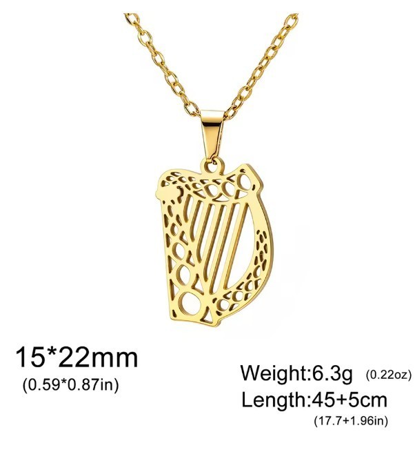 Silver Stainless Steeln Celtic Harp Pendant with 45 cm chain plus 5cm extender