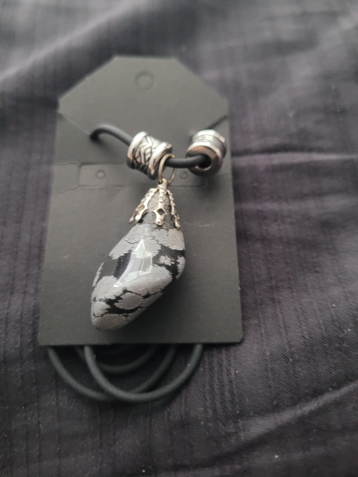 Black & Gray SnowflaObsidian Teardrop Pendant Necklace On Black Cord