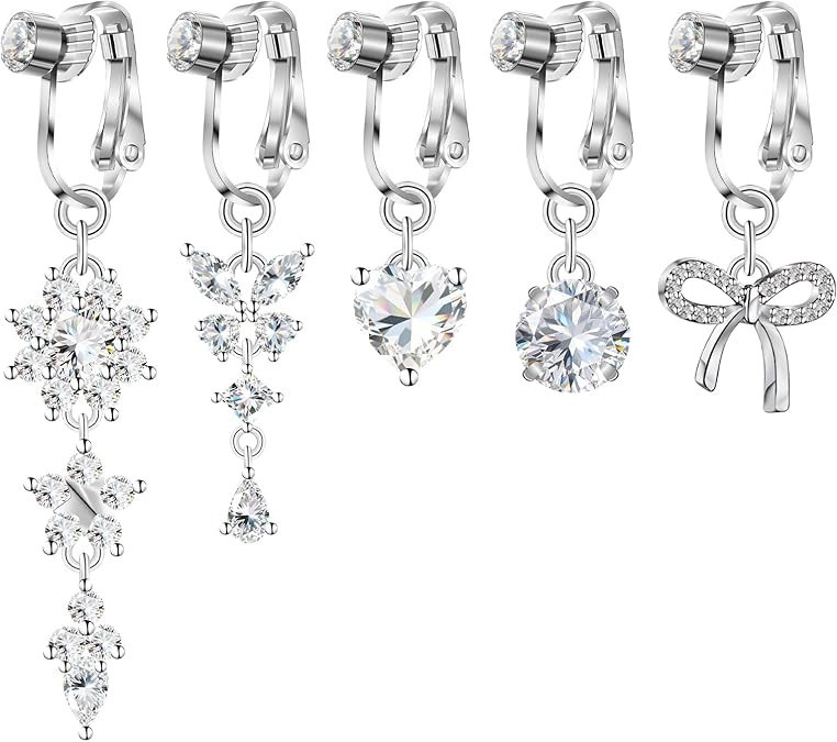 5 Pcs Fake Belly Clip On Dangle Belly Button Rings Faux Navel Ring for Women