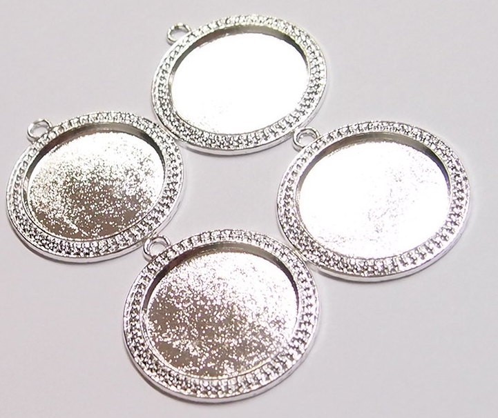 4 of 30mm Round Shiny Silver Victorian Art Deco Beaded Pendant Settings 44x38mm
