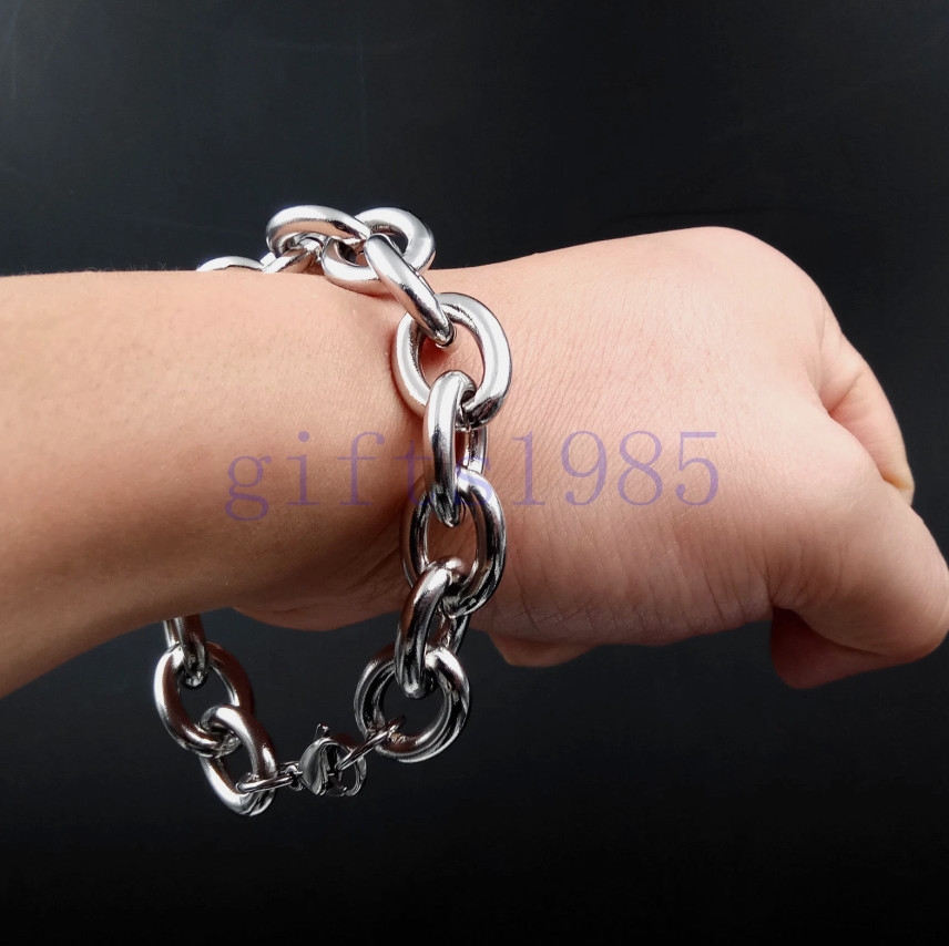 Silver oval Chain SUPER BIG 15mm Stainless Steel Men Bangle Bracelet 17-23cm