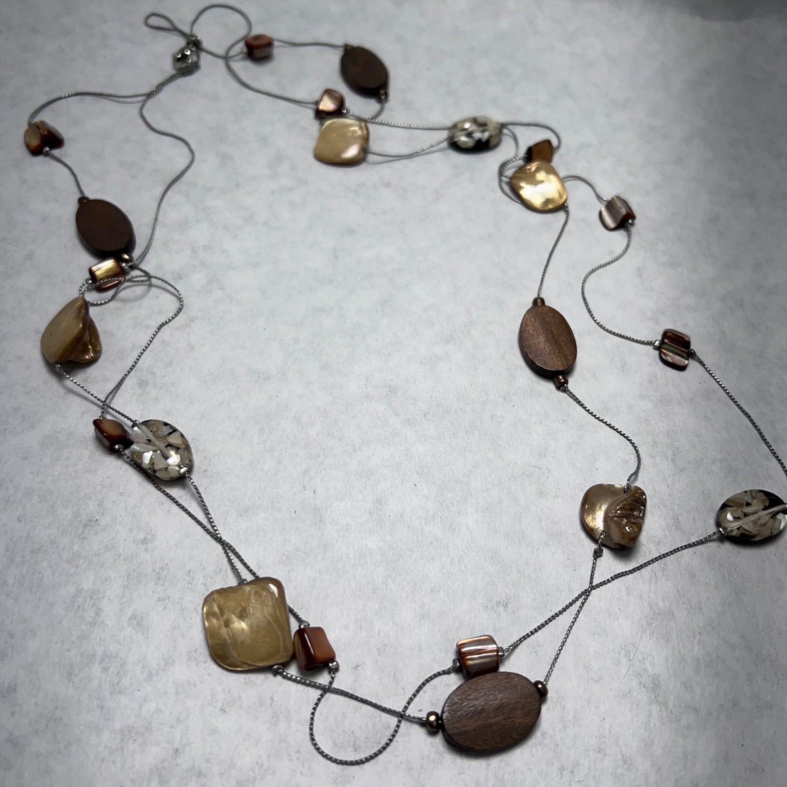 Elegant Mixed Media Beaded Necklace Silver Tone Long Layering Statement