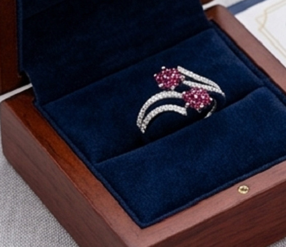 1ct Round Simulated Red Ruby/CZ Flower BYPASS Engagement Ring White Gold Plated
