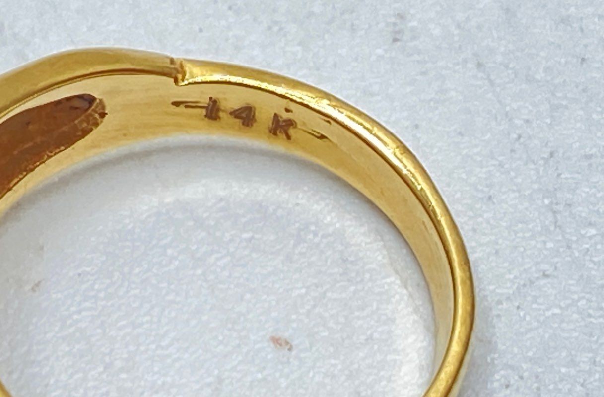 14K Yellow Gold Pear Cut Blue Gemstone Ring Feather Leaf Motif Size 5.5 4.1g