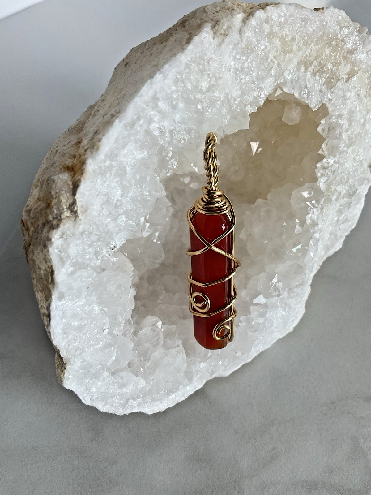 Carnelian Wire Wrapped Crystal Point Pendant