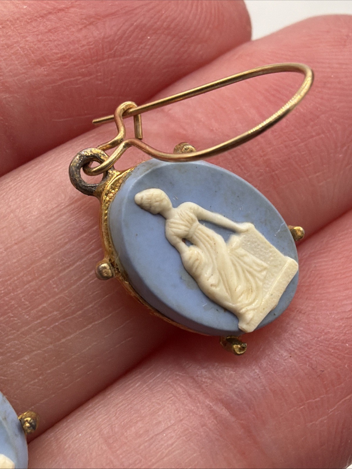 Light BLUE CAMEO EARRINGS Vintage Grecian Roman Woman Oval Hanging Wire Goldtone
