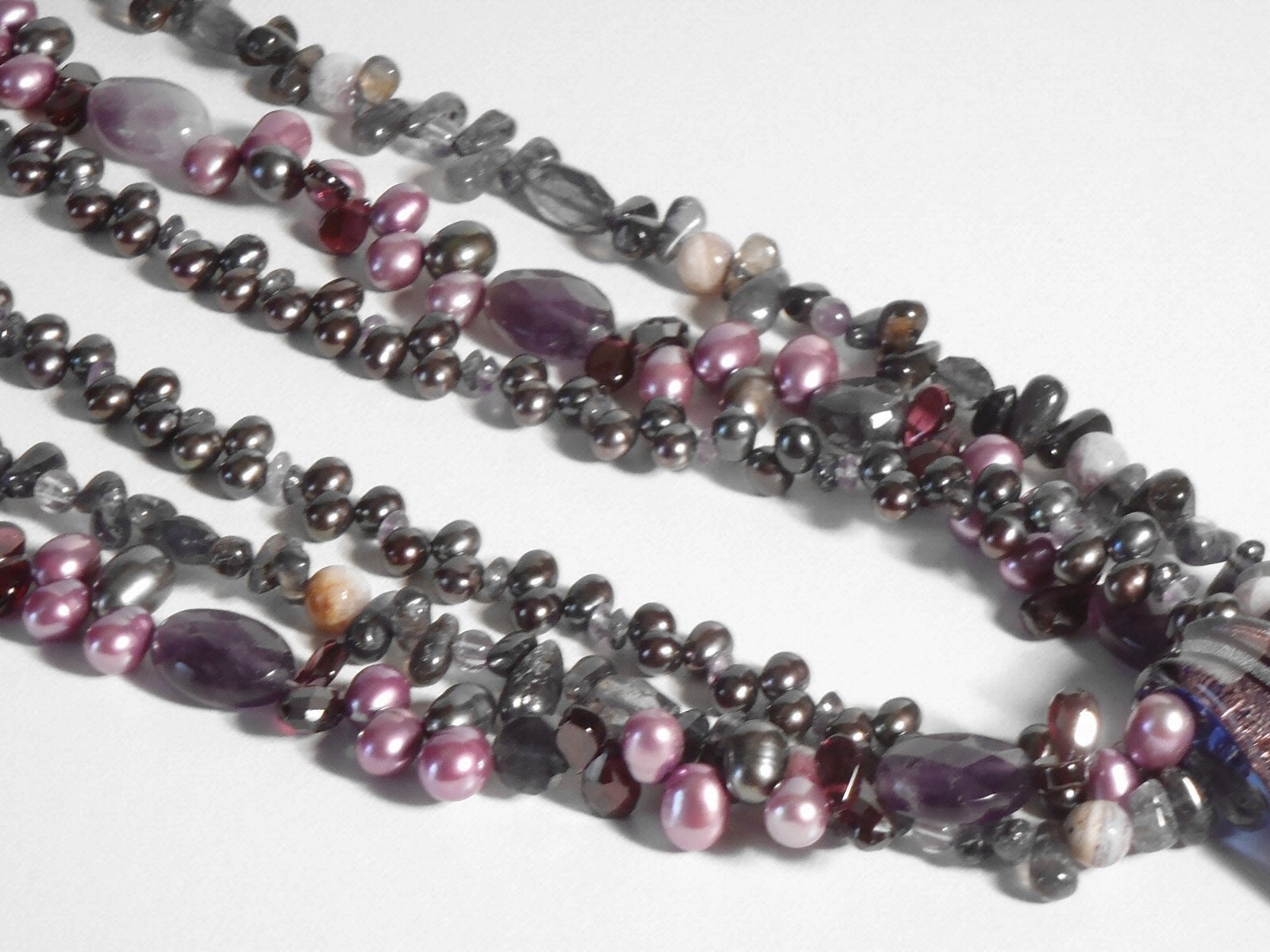 Shades of Purple Glass & Pearl Beaded Triple Strand Necklace Art Glass Pendant