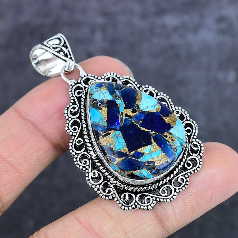 Cotton Candy Turquoise Gemstone Handmade 925 Sterling Silver Pendant 2.25″ e890