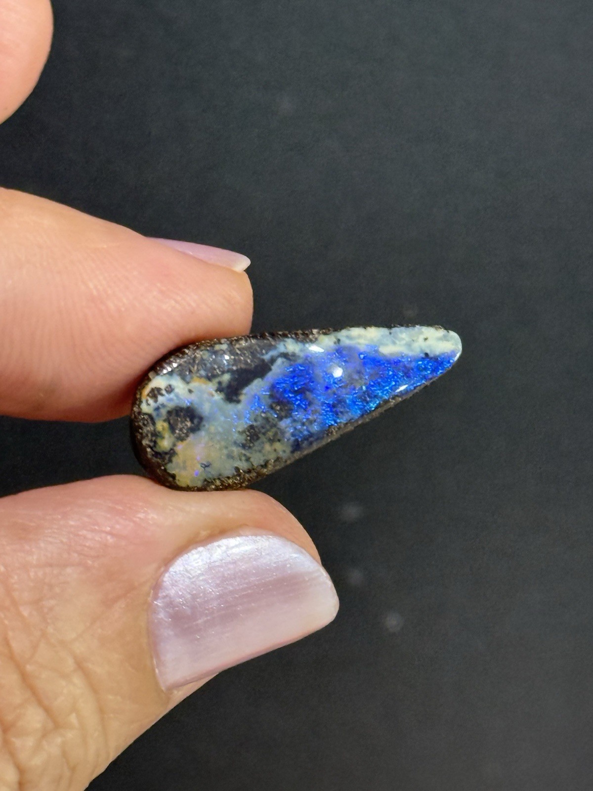 9.35ct 24x10x5mm Flashy Dark Blue Natural Boulder Australian Opal Drop Cabochon