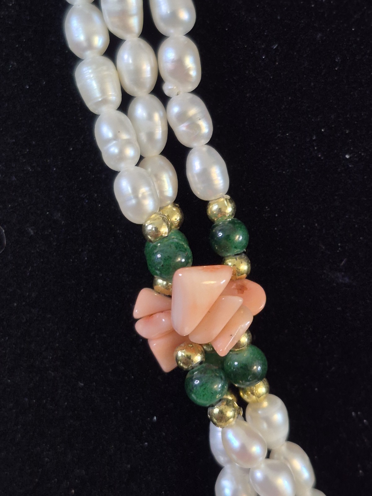 Rice Pearl 3 Strand Necklace 22” Coral Green Goldtone Push Lock Clasp Vintage