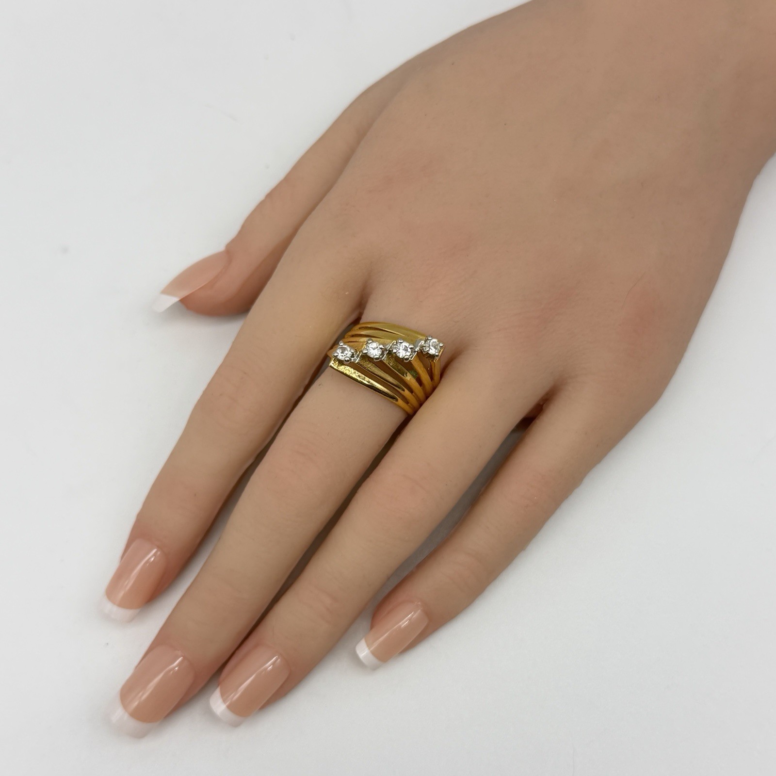 Vintage 18K Gold Electroplate Wide Wavy Bypass Cocktail Ring Clear Stones 7.25