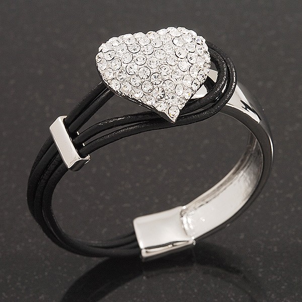 Silver Tone Diamante ‘Heart’ Leather Cord Bracelet – 17cm Length
