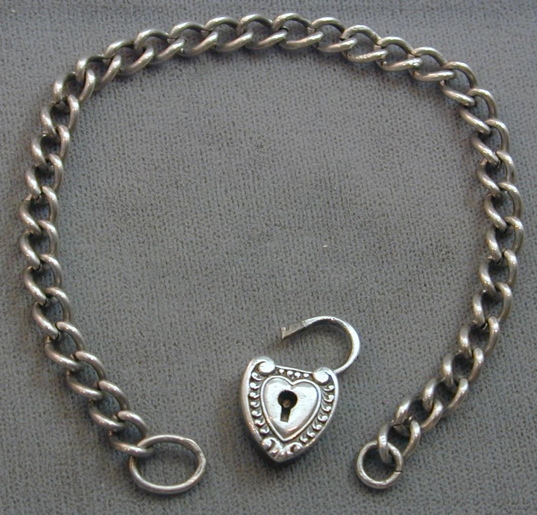Sterling English Hallmarked Charm Bracelet Ornate Working Heart Lock 7 3/8”+