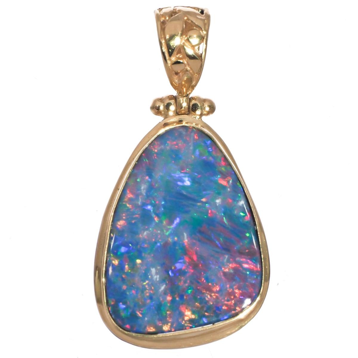 925 Silver Big Multi-color Australian Opal Vermeil Gold Plated Pendant, 1 3/8″