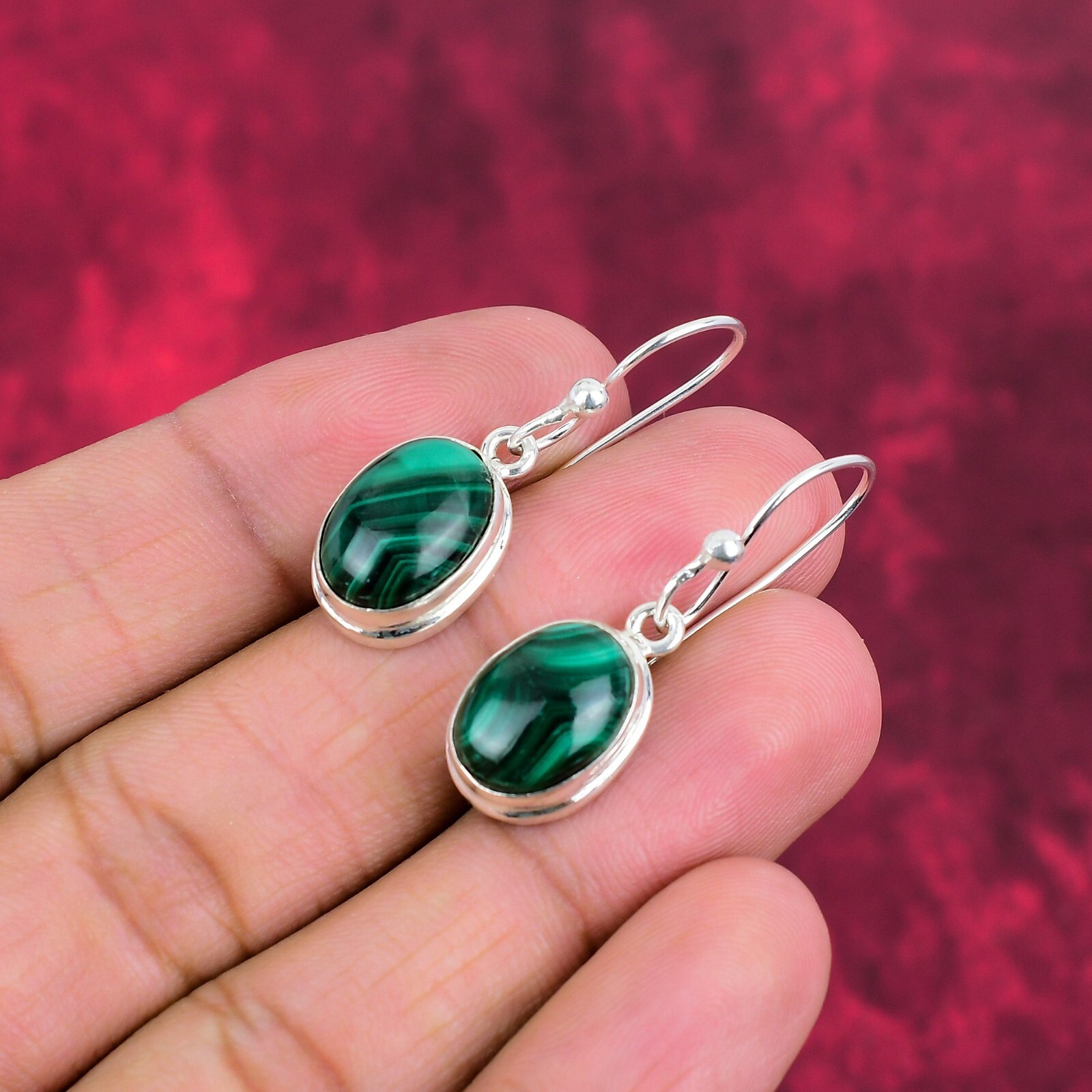 Beautiful Malachite Gemstone Handmade 925 Sterling Silver Earrings Jewelry