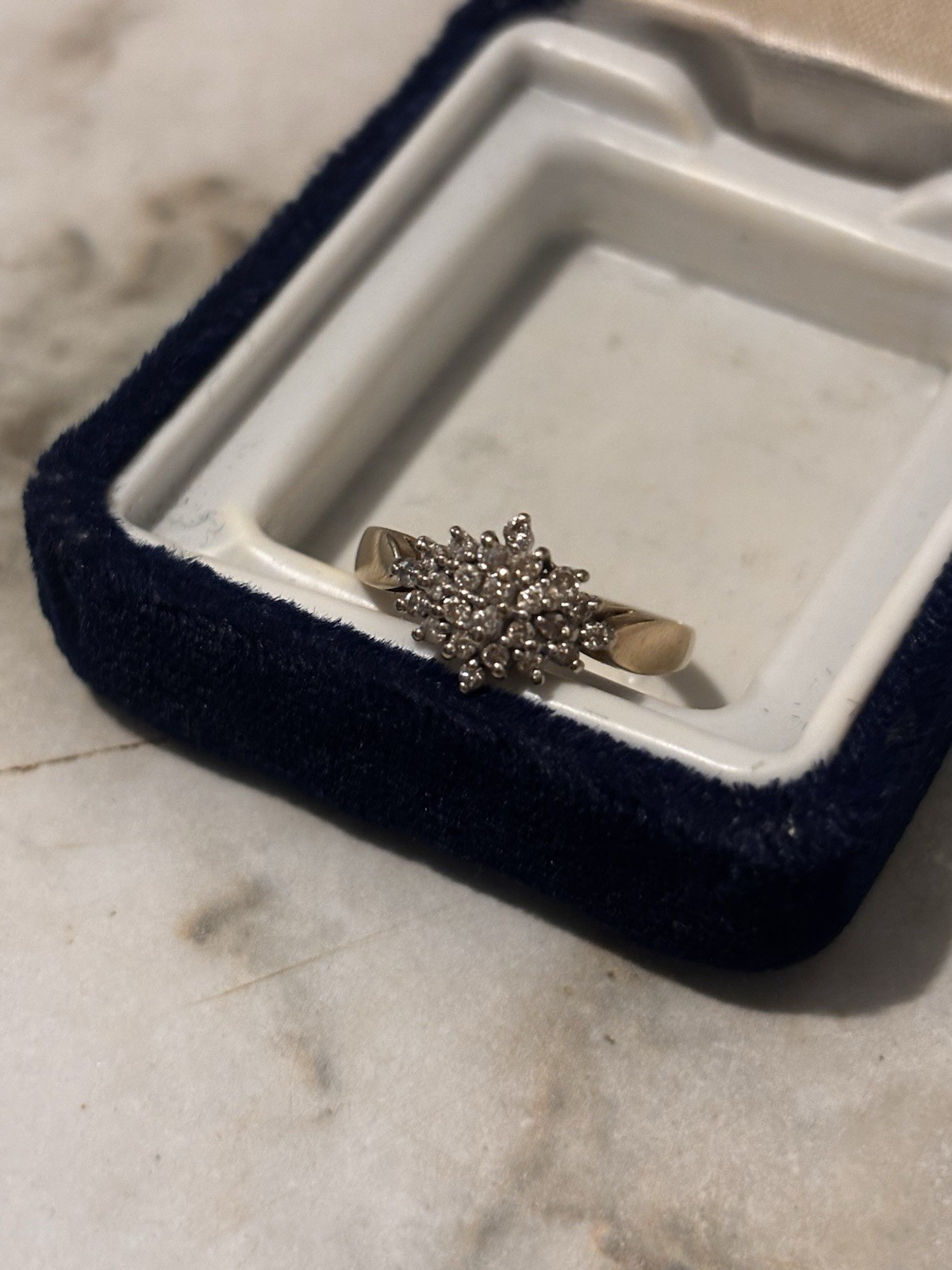 14K Yellow Gold Cluster Diamond Ring Size 7, 2mm Band, Round White Diamonds