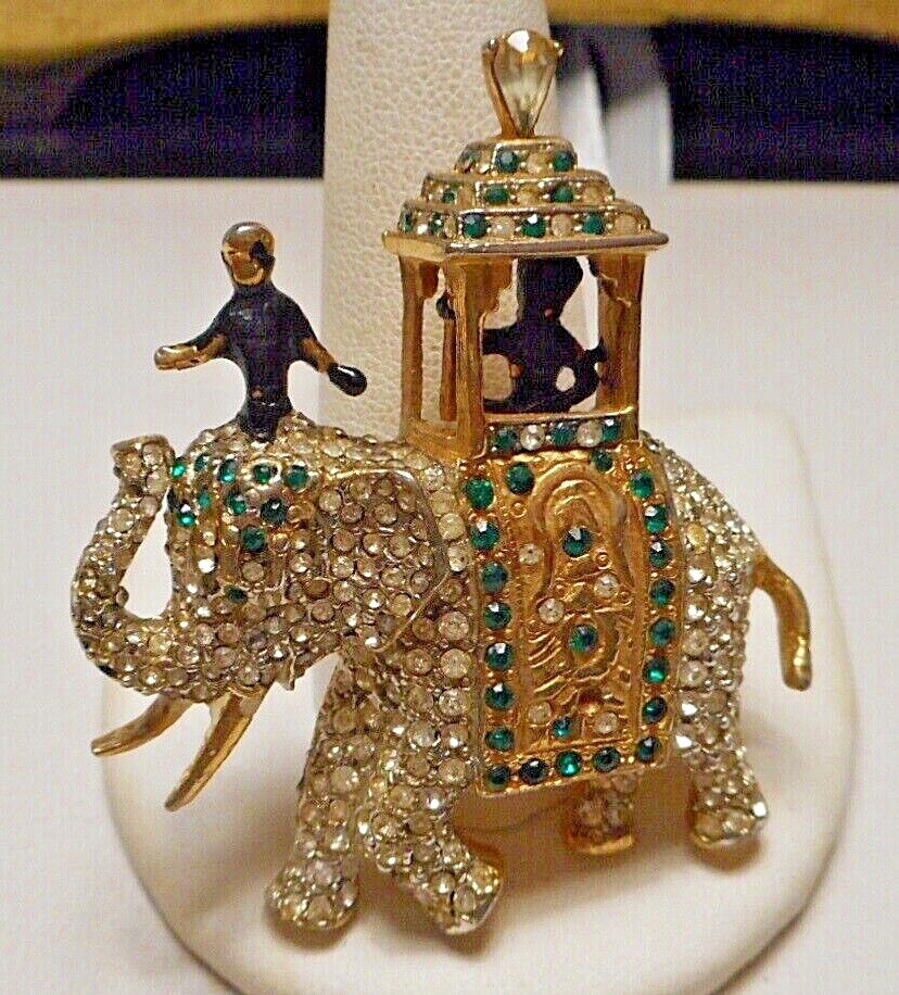 Vintage Boucher? Diamante & Emerald Rhinestone Pave Elephant w Howdah & Figures