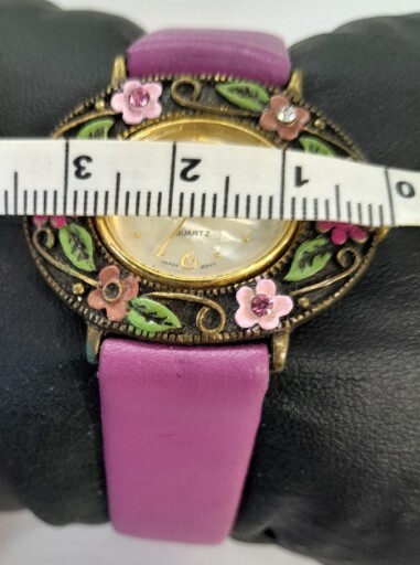 Women Jennie B Watch Gold Oval Case Purple Faux Leather Band Flowers In Bezel