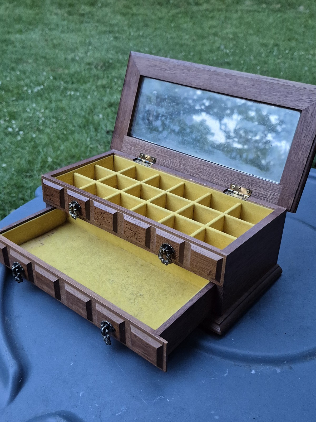 Vintage Wood Jewelry Box Mirror Mustard Yellow Corduroy Lining 2 Tier Organizer