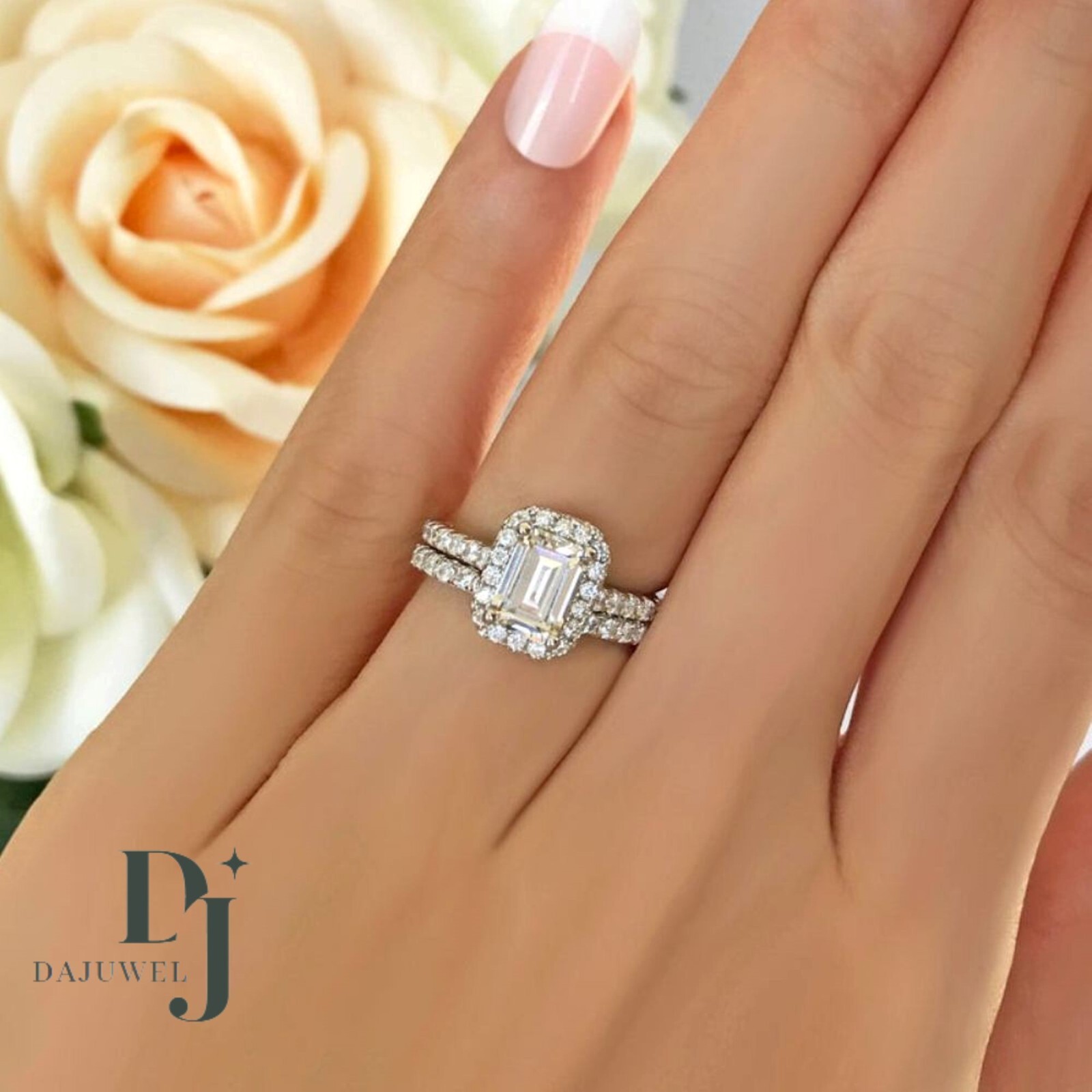 2.50 CT Emerald Cut Moissanite Bridal Set Engagement Ring Solid 14K White Gold