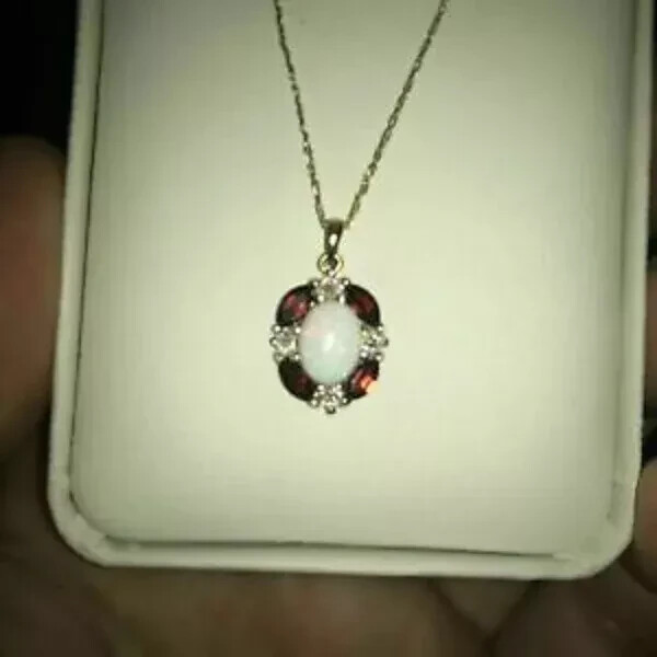 1.50Ct Oval Cut Fire Opal & Garnet Halo Pendant 14K Yellow Gold Over Free Chain