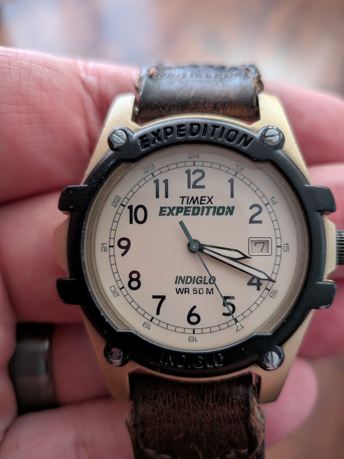 Timex Indiglo Watch Men Silver Black WR 50m Date Brown Beige Strap New Battery