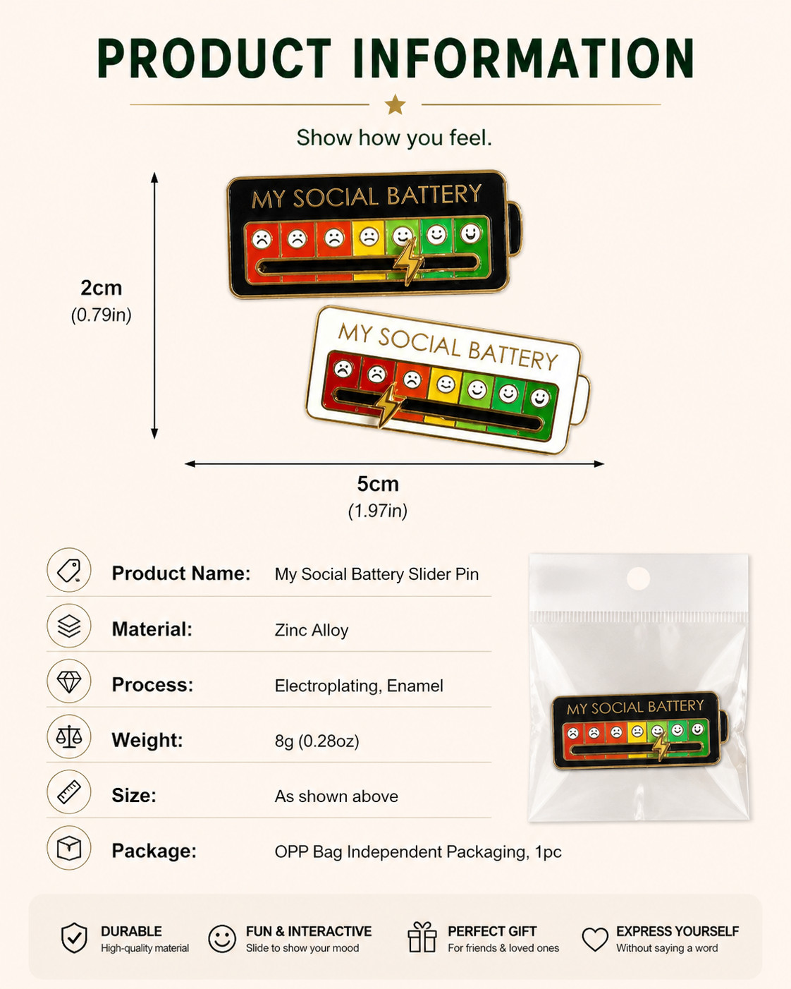Funny Social Battery Slider Pin – 7-Mood Expression Badge, Cute Interactive Pin