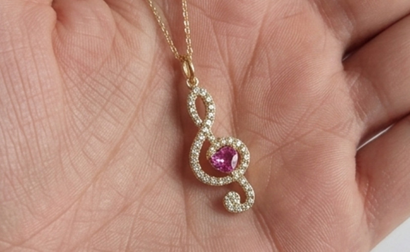 3ct Heart Simulated Pink Sapphire/Diamond Music Symbol Pendant Rose Gold Plated