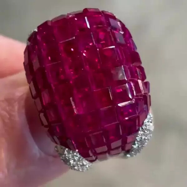 23.75Ct Lab Created Ruby Invisible Setting Cocktail Ring 925 Sterling Silver
