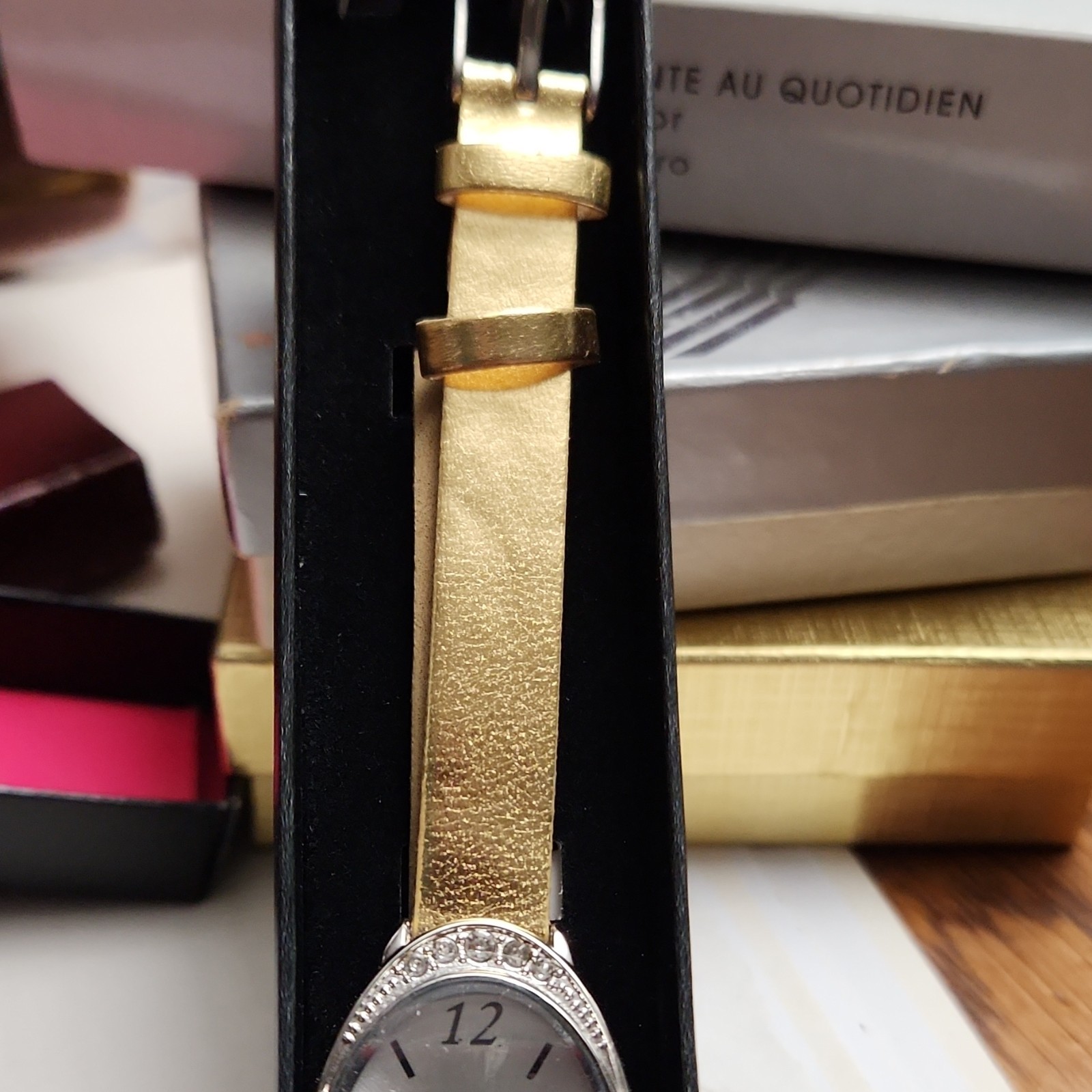 Avon Everyday Elegance Women’s Quartz Analog Oval Watch Gold Leather Silver Dial