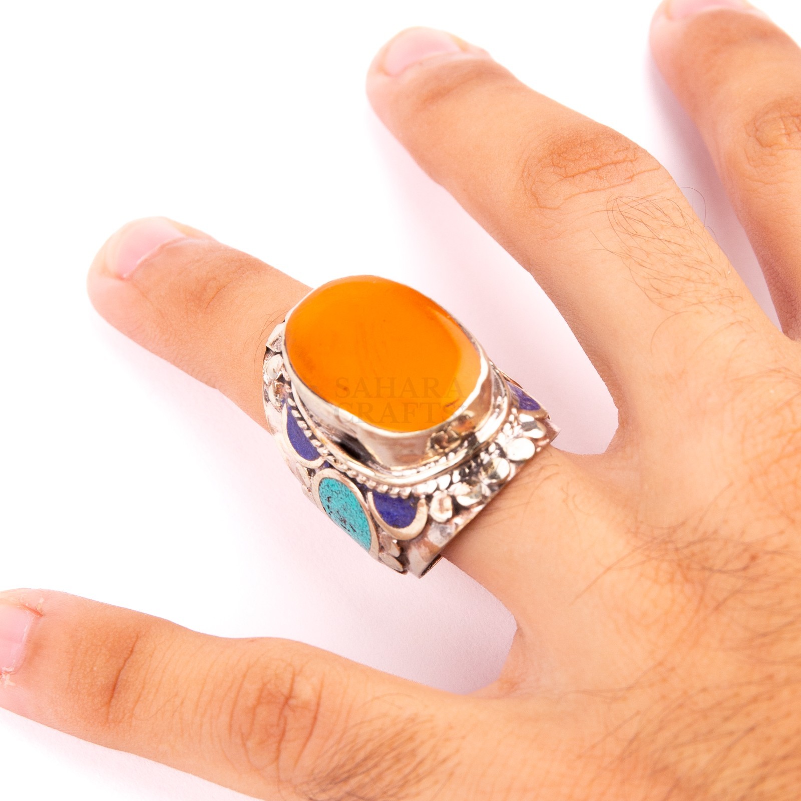 Tibetan Ring, Orange Coral Turquoise Stone, Traditional Tibetan Bead Jewelry,