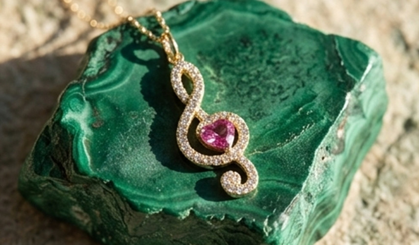 3ct Heart Simulated Pink Sapphire/Diamond Music Symbol Pendant Rose Gold Plated