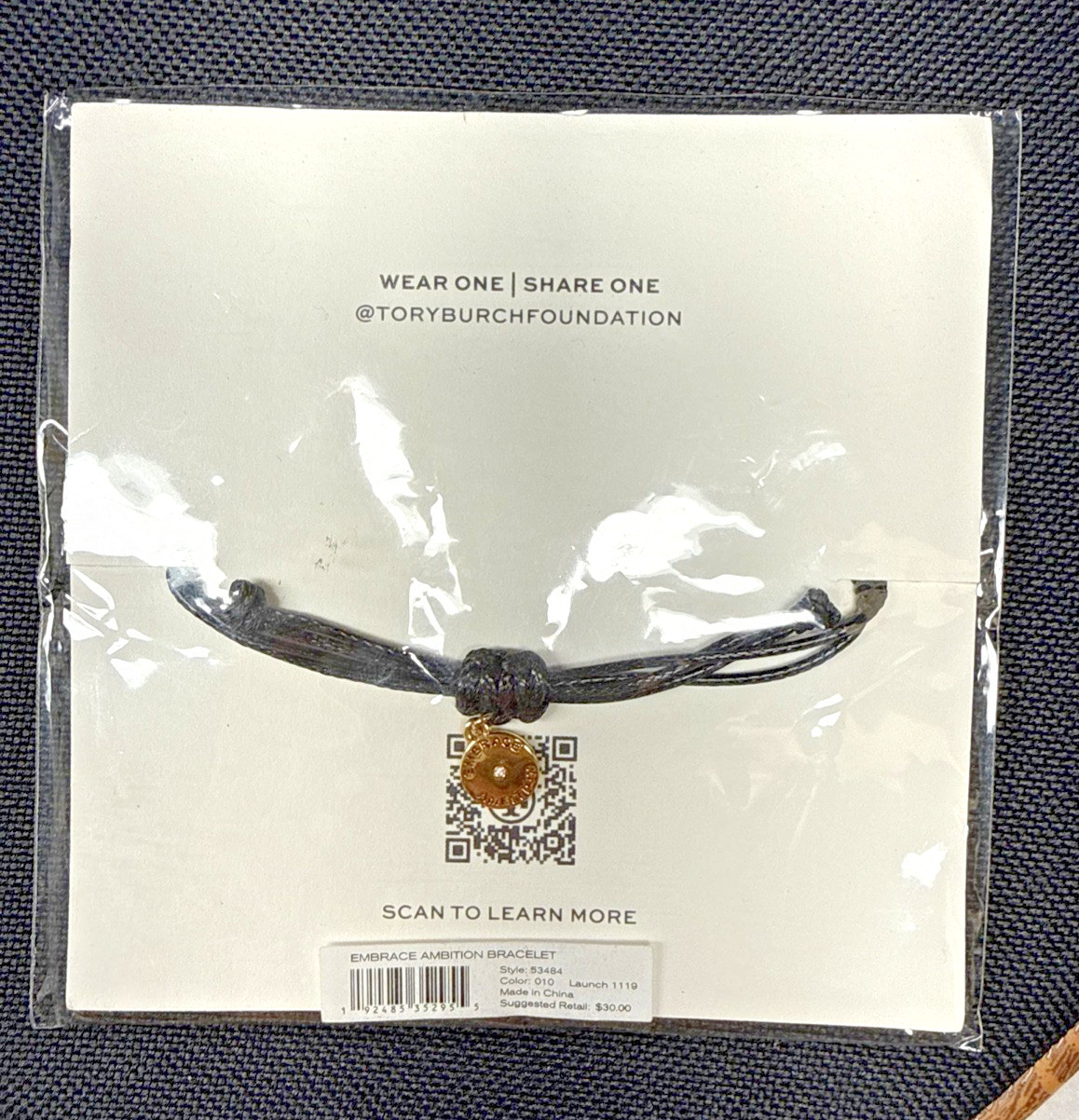 Tory Burch Foundation Embrace Ambition Gold Slider Bracelet NWT Black Cord