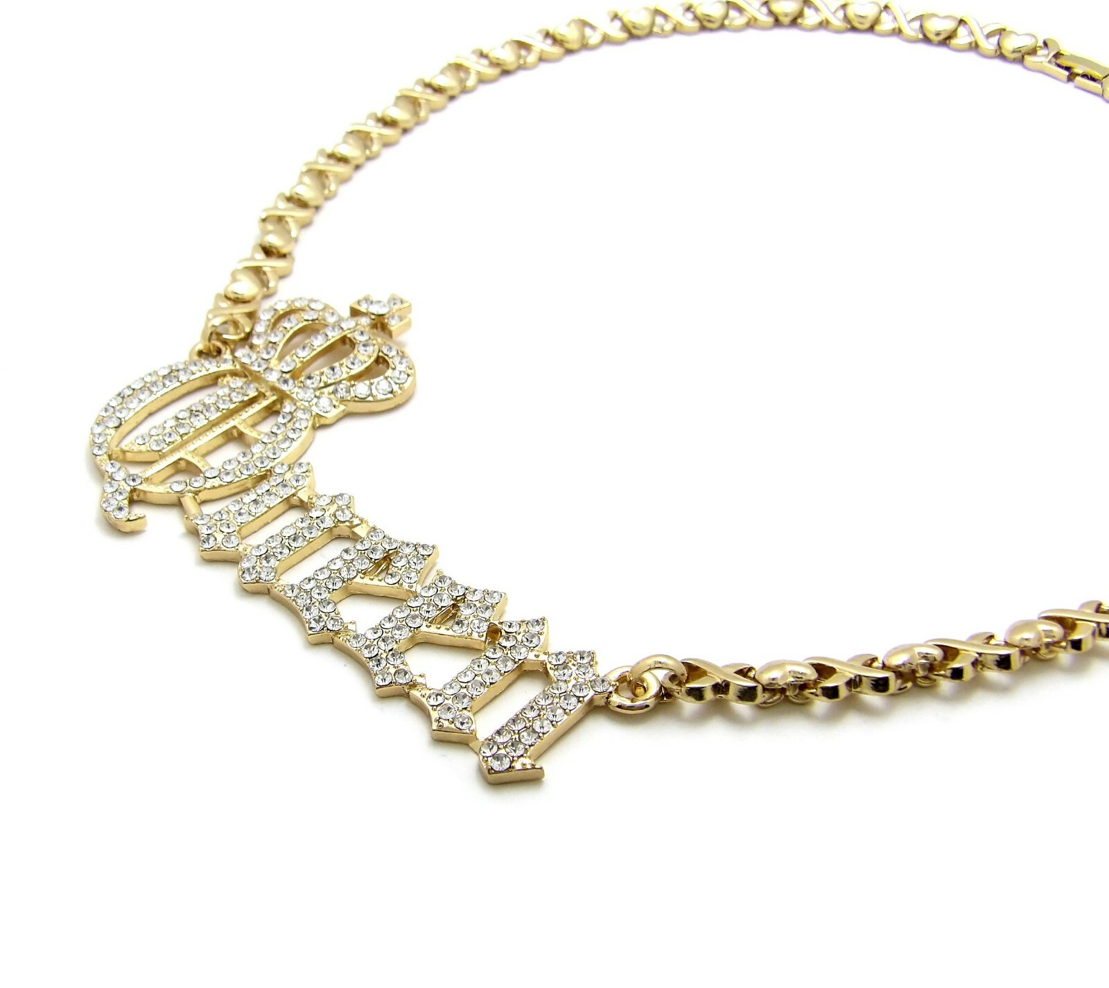 WOMEN GOLD PLATED ALLOY ICED QUEEN CUBIC ZIRCONIA PENDANT 18″ XO CHAIN NECKLACE
