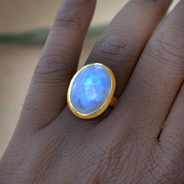 Blue Fire Faceted Rainbow Moonstone Gemstone 14K Yellow Gold Custom Made Ring