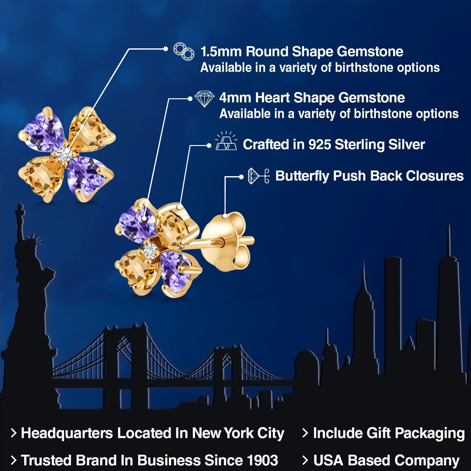 1.83 Ct Tanzanite Citrine 18K Yellow Gold Plated Silver Lab Grown Diamond