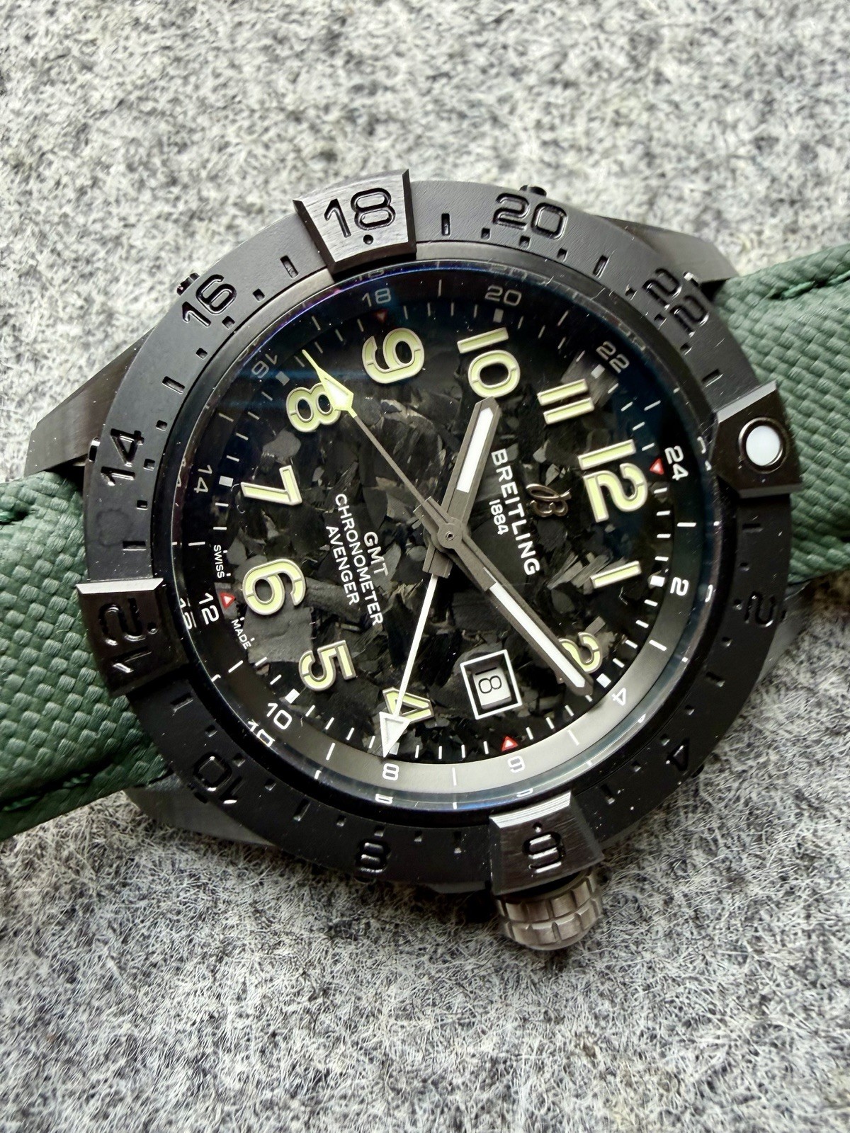 Breitling Avenger Automatic GMT 44mm Black Dial Green Leather Strap 300m